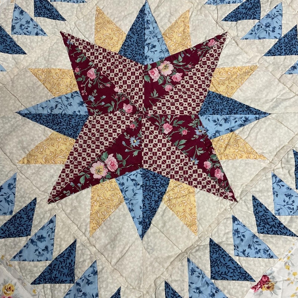 Vtg Hand Quilted Star Quilt 80x82 Americana Farmhouse Cottage Cotton Bedspread
